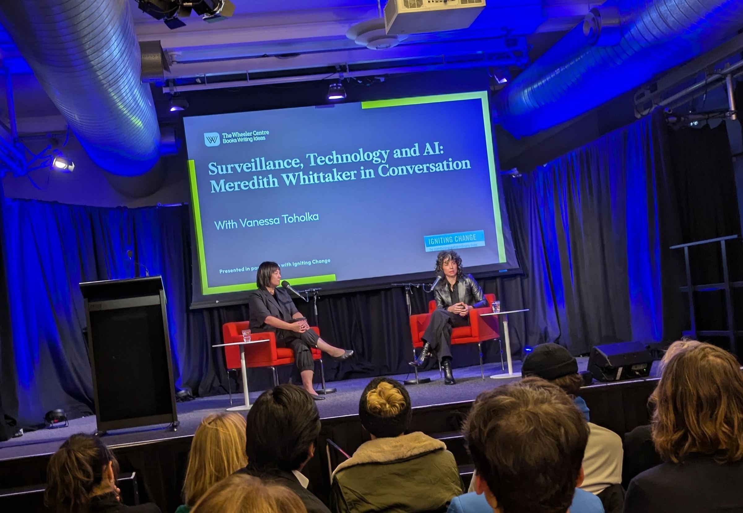 Meredith Whittaker (right) in conversation with Vanessa Toholka (left) at the Wheeler Centre, Melbourne, June 26th, 2024