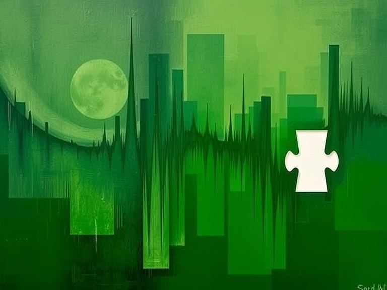 Image in green tones of a waveform over a city skyline with a white jigsaw piece super imposed on the right, implying a "missing piece of the puzzle".