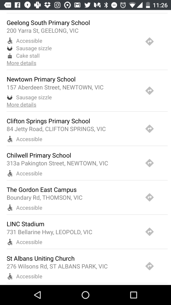Google Now screenshot of polling booth locations for the electorate of Corio, Victoria